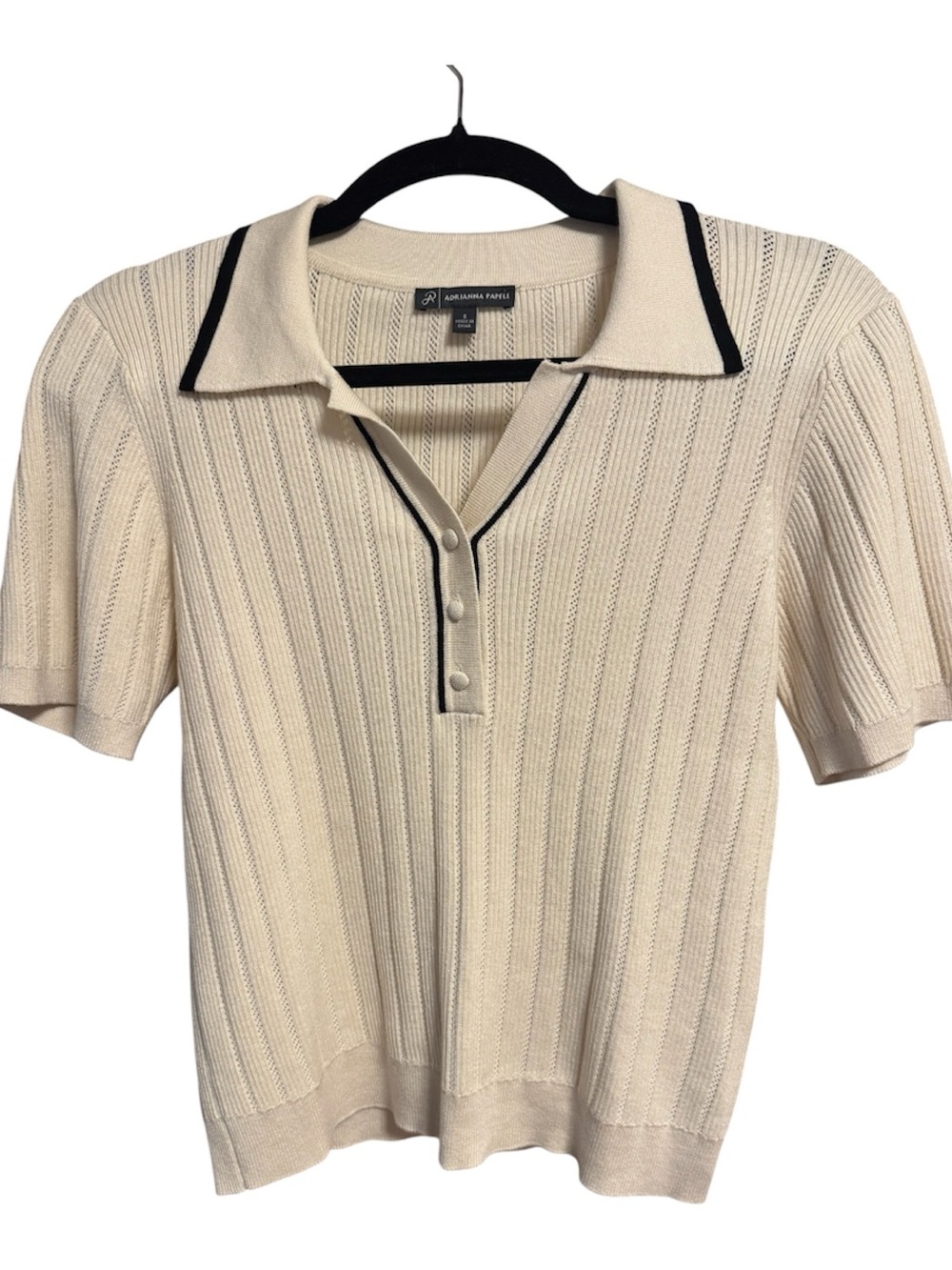 Adrianna Papell Cream Short-Sleeve Polo Top with Black Trim